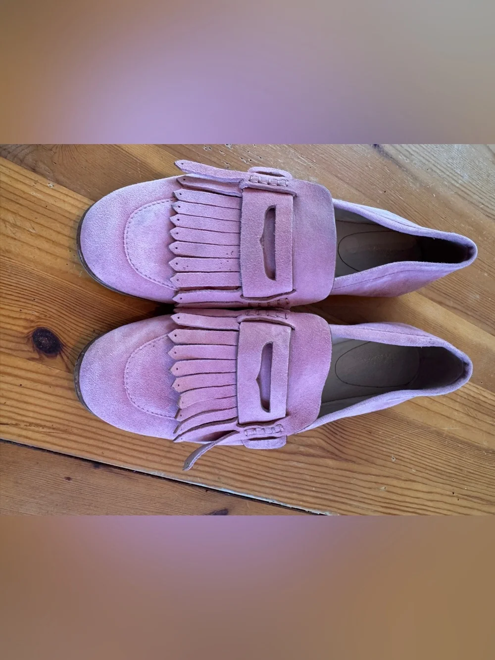 Boden Pink Suede Fringe Loafers